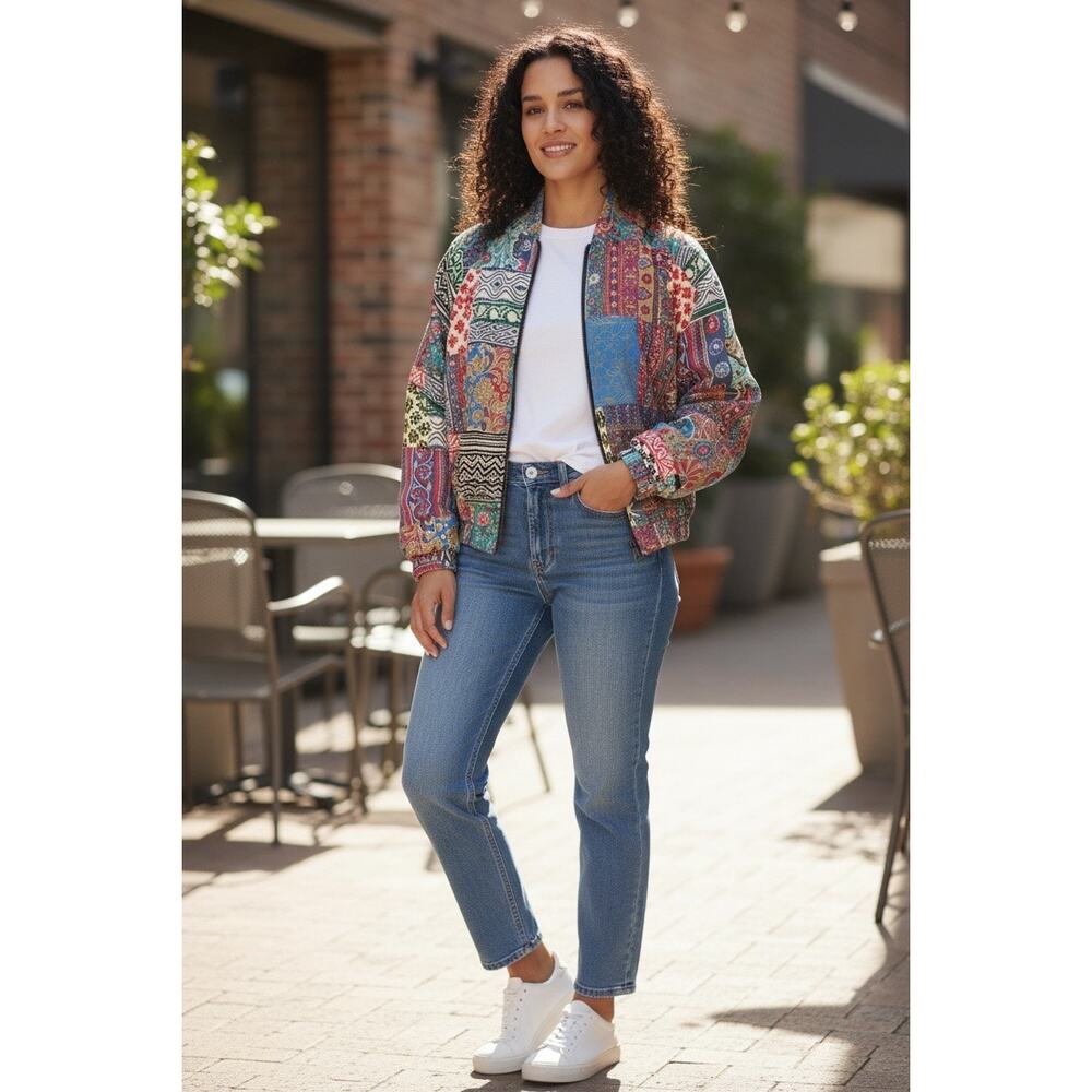 NWT Earthbound Trading Patchwork Sari Reversible Bomber Jacket Boho Paisley - Picture 7 of 7